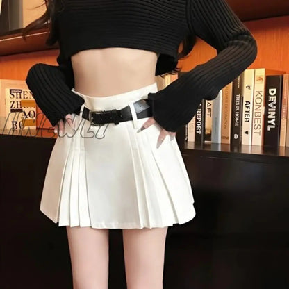 xsrrr Preppy Pleated Mini Skirt Women Summer Sexy Gyaru Belt High Waist Solid A-Line Micro Skirt Shorts Korean Fashion