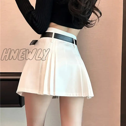 xsrrr Preppy Pleated Mini Skirt Women Summer Sexy Gyaru Belt High Waist Solid A-Line Micro Skirt Shorts Korean Fashion