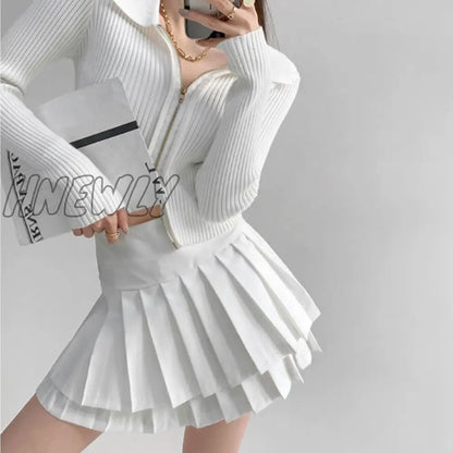 xsrrr Preppy Style Double Pleated Skirt Women Korean Skort Summer Sexy Y2k High Waist Patchwork Solid Mini Skirt A-line Casual