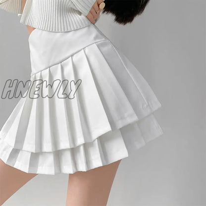 xsrrr Preppy Style Double Pleated Skirt Women Korean Skort Summer Sexy Y2k High Waist Patchwork Solid Mini Skirt A-line Casual