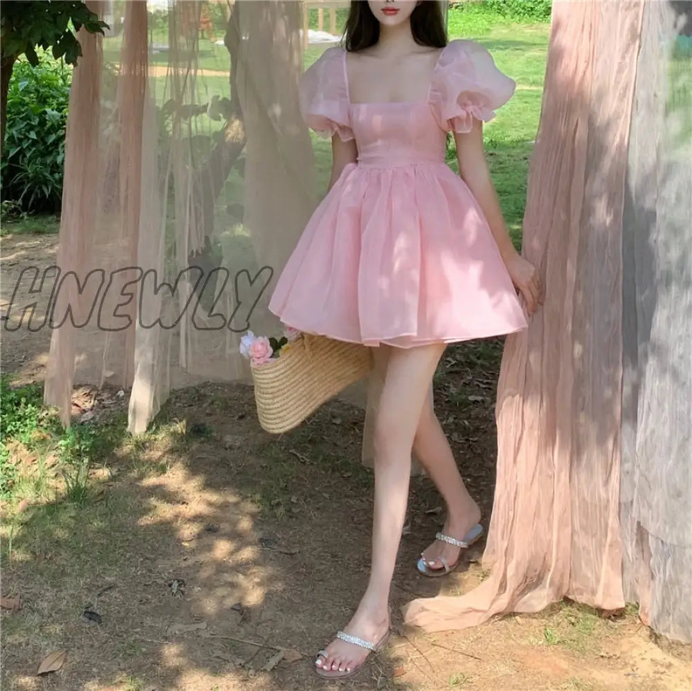 xsrrr Preppy Woman Sweet Pink Dress Summer Retro Elegant Square Collar Puff Sleeve Fluffy Dress Korean Organza Mini Princess Dress Quinceanera Dresses