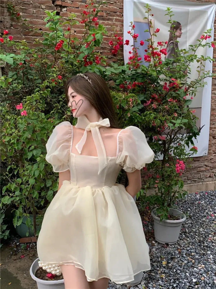 xsrrr Preppy Woman Sweet Pink Dress Summer Retro Elegant Square Collar Puff Sleeve Fluffy Dress Korean Organza Mini Princess Dress Quinceanera Dresses