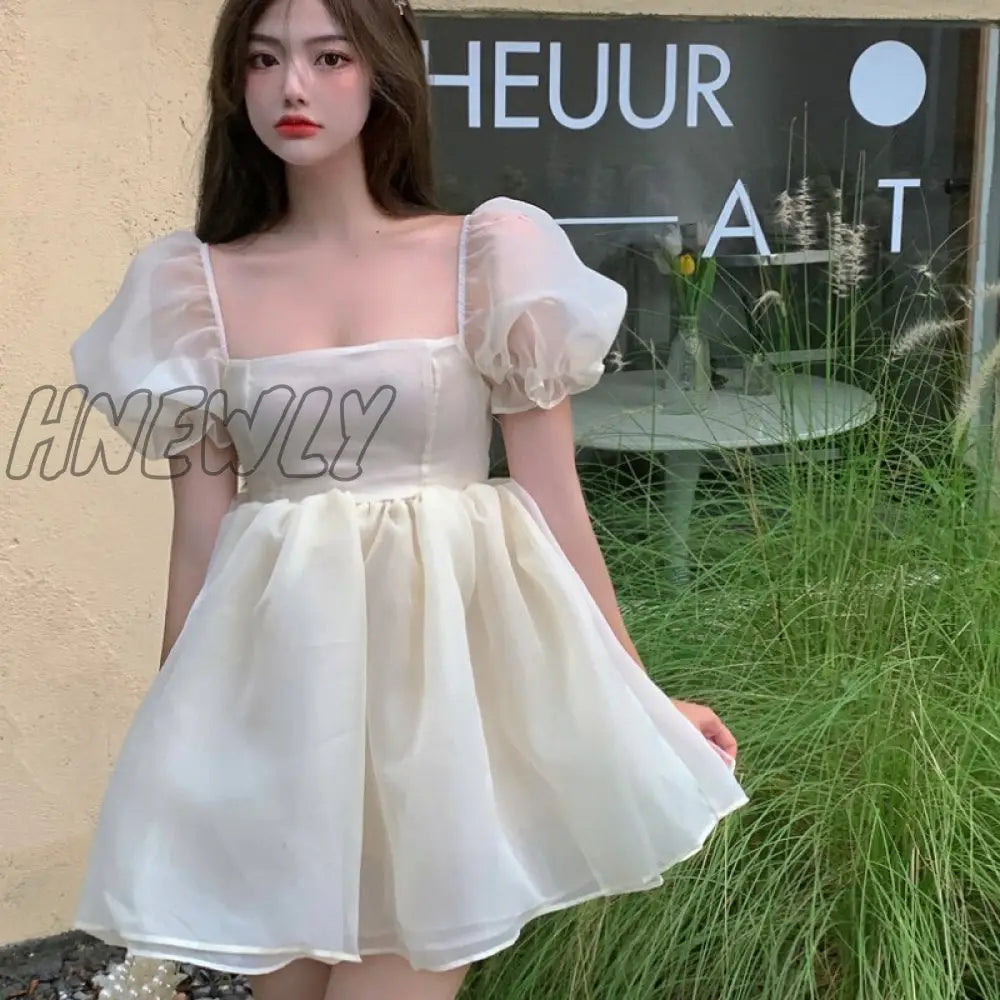 xsrrr Preppy Woman Sweet Pink Dress Summer Retro Elegant Square Collar Puff Sleeve Fluffy Dress Korean Organza Mini Princess Dress Quinceanera Dresses