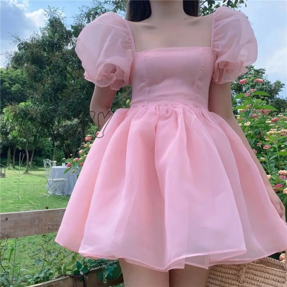 xsrrr Preppy Woman Sweet Pink Dress Summer Retro Elegant Square Collar Puff Sleeve Fluffy Dress Korean Organza Mini Princess Dress Quinceanera Dresses