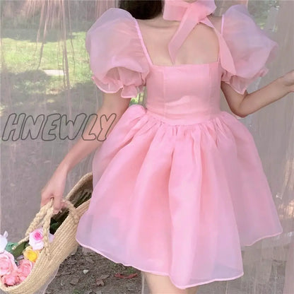 xsrrr Preppy Woman Sweet Pink Dress Summer Retro Elegant Square Collar Puff Sleeve Fluffy Dress Korean Organza Mini Princess Dress Quinceanera Dresses