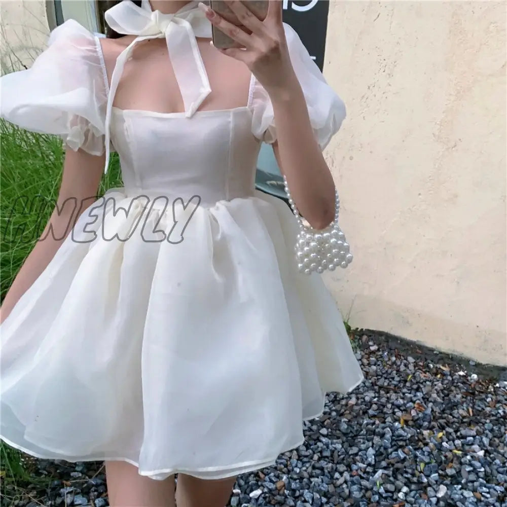 xsrrr Preppy Woman Sweet Pink Dress Summer Retro Elegant Square Collar Puff Sleeve Fluffy Dress Korean Organza Mini Princess Dress Quinceanera Dresses