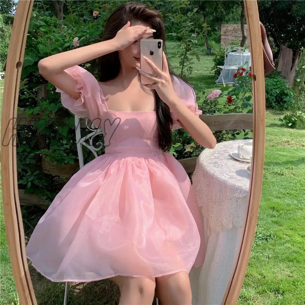 xsrrr Preppy Woman Sweet Pink Dress Summer Retro Elegant Square Collar Puff Sleeve Fluffy Dress Korean Organza Mini Princess Dress Quinceanera Dresses