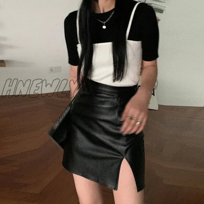 xsrrr Punk Leather Skirt Women Black Sexy Split Slim High Waisted A-line Mini Skirts Autumn Korean Fashion Harajuku Streetwear