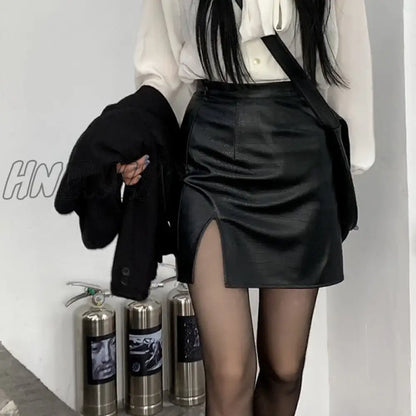 xsrrr Punk Leather Skirt Women Black Sexy Split Slim High Waisted A-line Mini Skirts Autumn Korean Fashion Harajuku Streetwear