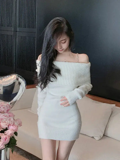 xsrrr Pure Color Elegant Knitted Dress Woman Bodycon Slim Y2k Mini Dress Casual Party Korean Fashion Long Sleeve Dress Winter