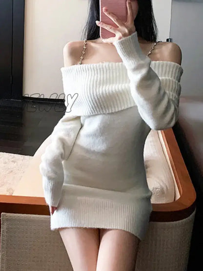 xsrrr Pure Color Elegant Knitted Dress Woman Bodycon Slim Y2k Mini Dress Casual Party Korean Fashion Long Sleeve Dress Winter