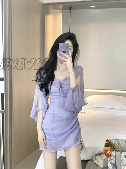 Hnewly Purple Fairy One Shoulder Dress Women New Summer Dress Waist Design Chiffon Ruffled Gauze Skirt Bag Hip Skirt Women Clothing