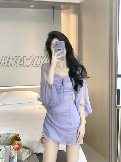 Hnewly Purple Fairy One Shoulder Dress Women New Summer Dress Waist Design Chiffon Ruffled Gauze Skirt Bag Hip Skirt Women Clothing