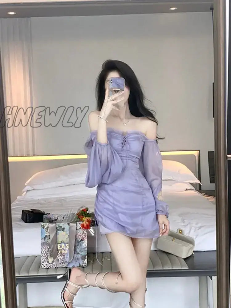 Hnewly Purple Fairy One Shoulder Dress Women New Summer Dress Waist Design Chiffon Ruffled Gauze Skirt Bag Hip Skirt Women Clothing