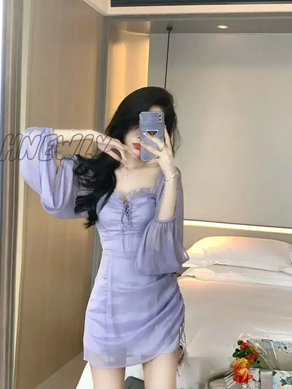 Hnewly Purple Fairy One Shoulder Dress Women New Summer Dress Waist Design Chiffon Ruffled Gauze Skirt Bag Hip Skirt Women Clothing