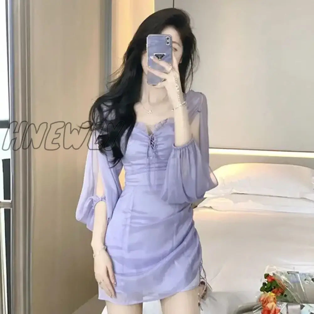 Hnewly Purple Fairy One Shoulder Dress Women New Summer Dress Waist Design Chiffon Ruffled Gauze Skirt Bag Hip Skirt Women Clothing