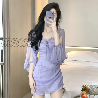 Hnewly Purple Fairy One Shoulder Dress Women New Summer Dress Waist Design Chiffon Ruffled Gauze Skirt Bag Hip Skirt Women Clothing