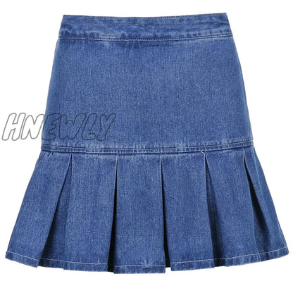 Hnewly Rapcopter Women Jeans Skirts High Waist Pleated Skirts Zipper Mini Skirts Summer New 90S Streetwear Bottom Y2K Skinny Blue Skirt