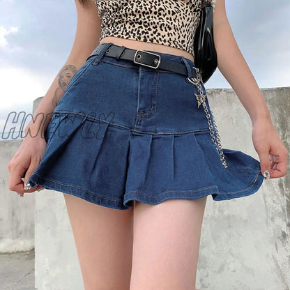 Hnewly Rapcopter Women Jeans Skirts High Waist Pleated Skirts Zipper Mini Skirts Summer New 90S Streetwear Bottom Y2K Skinny Blue Skirt