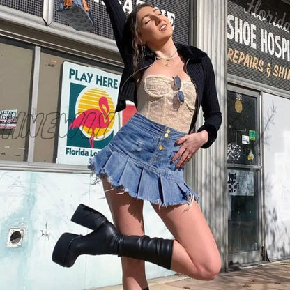 Hnewly Rapcopter Women Jeans Skirts High Waist Pleated Skirts Zipper Mini Skirts Summer New 90S Streetwear Bottom Y2K Skinny Blue Skirt