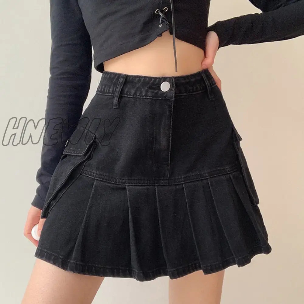 Hnewly Rapcopter Women Jeans Skirts High Waist Pleated Skirts Zipper Mini Skirts Summer New 90S Streetwear Bottom Y2K Skinny Blue Skirt