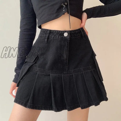 Hnewly Rapcopter Women Jeans Skirts High Waist Pleated Skirts Zipper Mini Skirts Summer New 90S Streetwear Bottom Y2K Skinny Blue Skirt