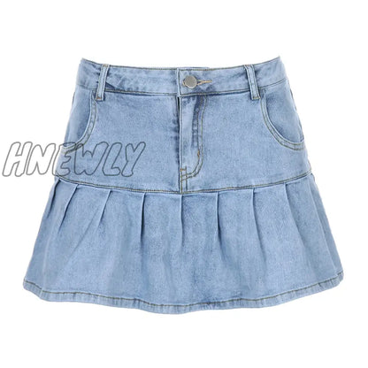 Hnewly Rapcopter Women Jeans Skirts High Waist Pleated Skirts Zipper Mini Skirts Summer New 90S Streetwear Bottom Y2K Skinny Blue Skirt