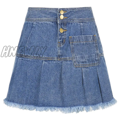 Hnewly Rapcopter Women Jeans Skirts High Waist Pleated Skirts Zipper Mini Skirts Summer New 90S Streetwear Bottom Y2K Skinny Blue Skirt