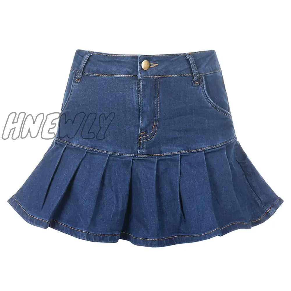 Hnewly Rapcopter Women Jeans Skirts High Waist Pleated Skirts Zipper Mini Skirts Summer New 90S Streetwear Bottom Y2K Skinny Blue Skirt