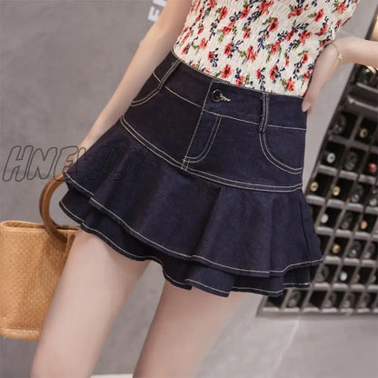 xsrrr Retro Denim Shorts Skirt Women Summer Streetwear Ladies Short Skirts Jeans Casual All Match Elastic Ball Gown Saia Female Preppy