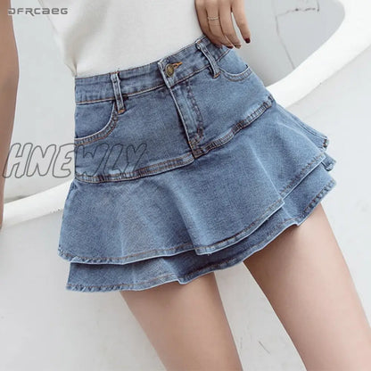 xsrrr Retro Denim Shorts Skirt Women Summer Streetwear Ladies Short Skirts Jeans Casual All Match Elastic Ball Gown Saia Female Preppy