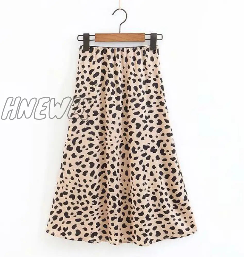 Hnewly Retro Outfits High Waist Leopard Print Satin Skirt like Silk Summer Women Elastic Waist Mid Long A-line Skirts Femme