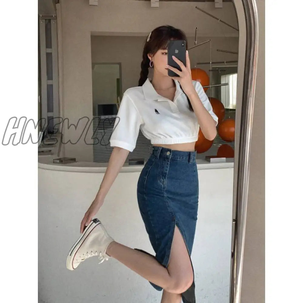 Hnewly Retro split denim half skirt women's summer thin style mid-length style high waist slimming show thin package hip skirt spring