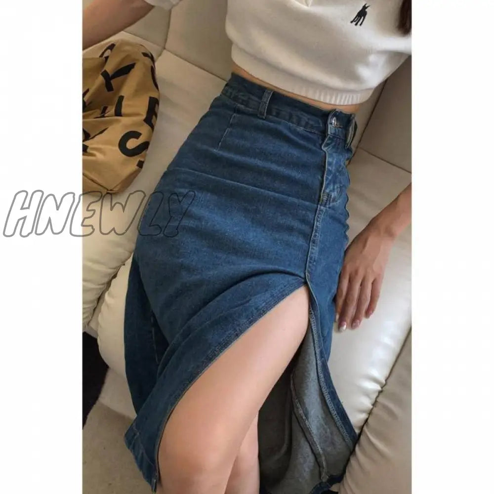 Hnewly Retro split denim half skirt women's summer thin style mid-length style high waist slimming show thin package hip skirt spring