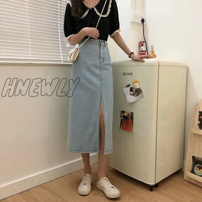 Hnewly Retro split denim half skirt women's summer thin style mid-length style high waist slimming show thin package hip skirt spring