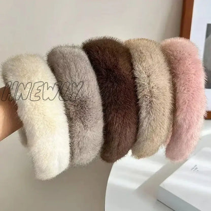 Hnewly Retro Winter Imitation Mink Fur Faux Fur Hairbands Women Girls Plush Widen Thicken Soft Hair Hoop Hair Accessories Headband