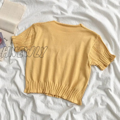 Hnewly Retro Women Knitted Cropped Sweater Tops Summer V Neck Short Sleeve Button Slim Korean Knitwear Cardigan Tee Tops