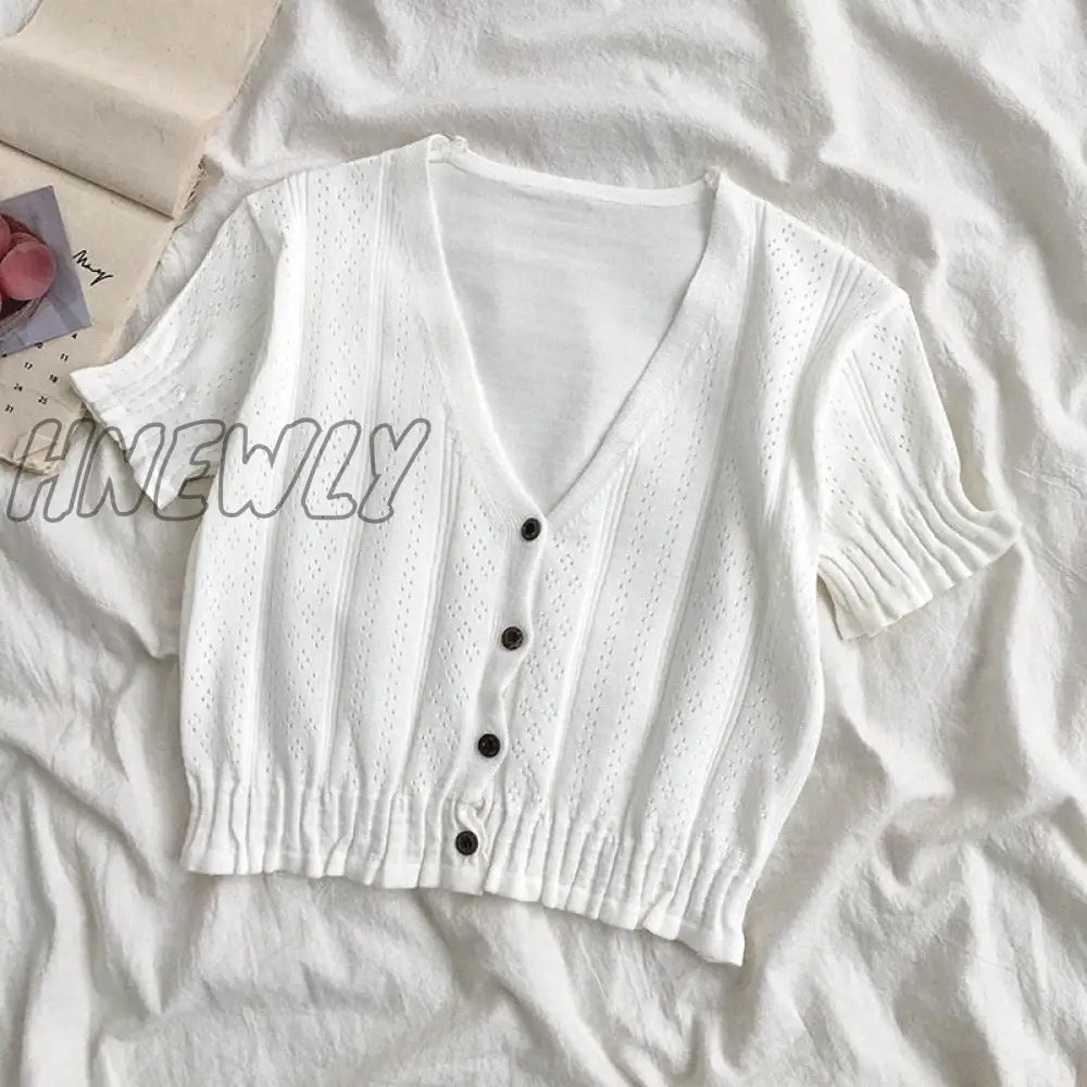 Hnewly Retro Women Knitted Cropped Sweater Tops Summer V Neck Short Sleeve Button Slim Korean Knitwear Cardigan Tee Tops