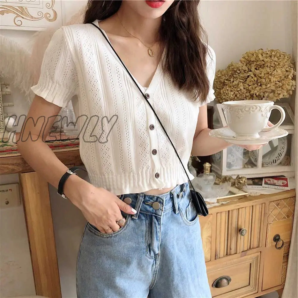 Hnewly Retro Women Knitted Cropped Sweater Tops Summer V Neck Short Sleeve Button Slim Korean Knitwear Cardigan Tee Tops