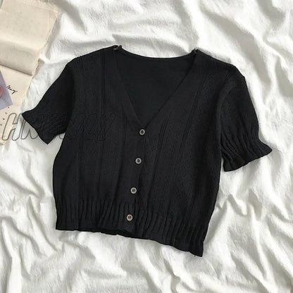 Hnewly Retro Women Knitted Cropped Sweater Tops Summer V Neck Short Sleeve Button Slim Korean Knitwear Cardigan Tee Tops