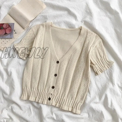 Hnewly Retro Women Knitted Cropped Sweater Tops Summer V Neck Short Sleeve Button Slim Korean Knitwear Cardigan Tee Tops