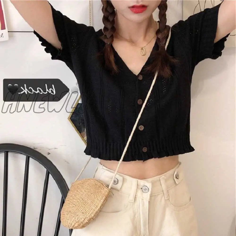 Hnewly Retro Women Knitted Cropped Sweater Tops Summer V Neck Short Sleeve Button Slim Korean Knitwear Cardigan Tee Tops