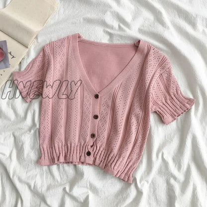 Hnewly Retro Women Knitted Cropped Sweater Tops Summer V Neck Short Sleeve Button Slim Korean Knitwear Cardigan Tee Tops