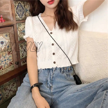 Hnewly Retro Women Knitted Cropped Sweater Tops Summer V Neck Short Sleeve Button Slim Korean Knitwear Cardigan Tee Tops