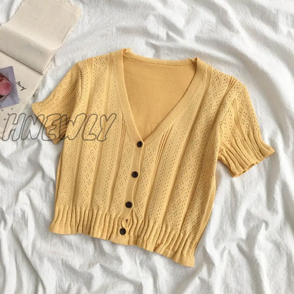 Hnewly Retro Women Knitted Cropped Sweater Tops Summer V Neck Short Sleeve Button Slim Korean Knitwear Cardigan Tee Tops