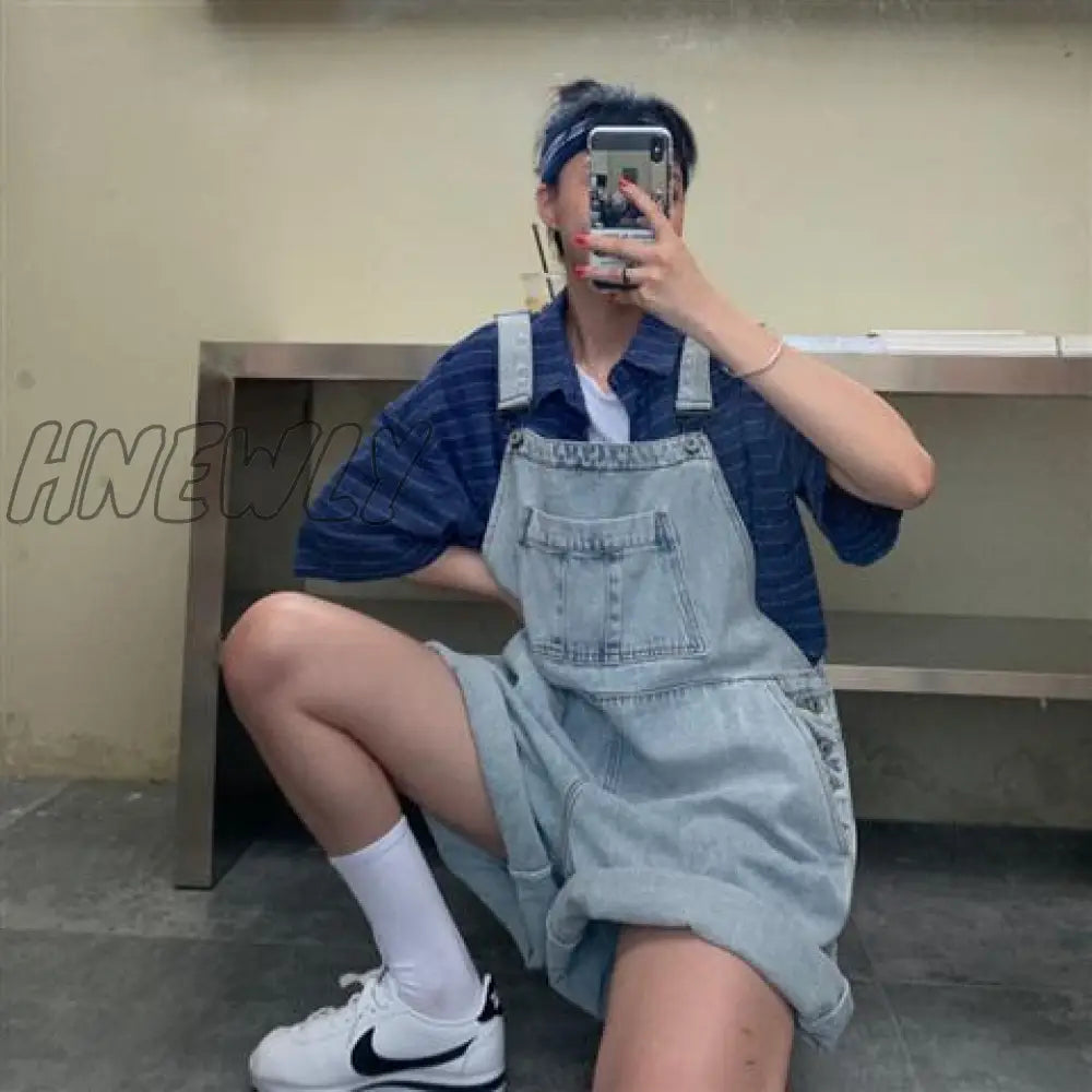 Hnewly Rompers Women Summer Cozy Retro Sleeveless Denim Suspender with Pockets Buttons Korean Style Students Outfits Feminino College