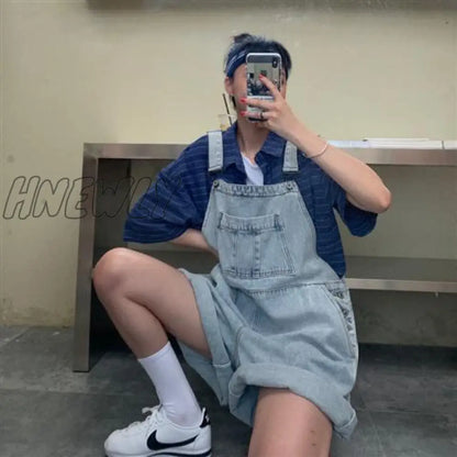 Hnewly Rompers Women Summer Cozy Retro Sleeveless Denim Suspender with Pockets Buttons Korean Style Students Outfits Feminino College