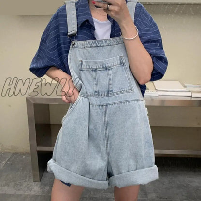 Hnewly Rompers Women Summer Cozy Retro Sleeveless Denim Suspender with Pockets Buttons Korean Style Students Outfits Feminino College