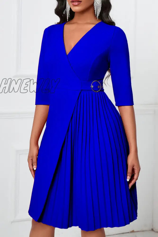 xsrrr - Royal Blue Casual Solid Patchwork Fold V Neck A Line Dresses