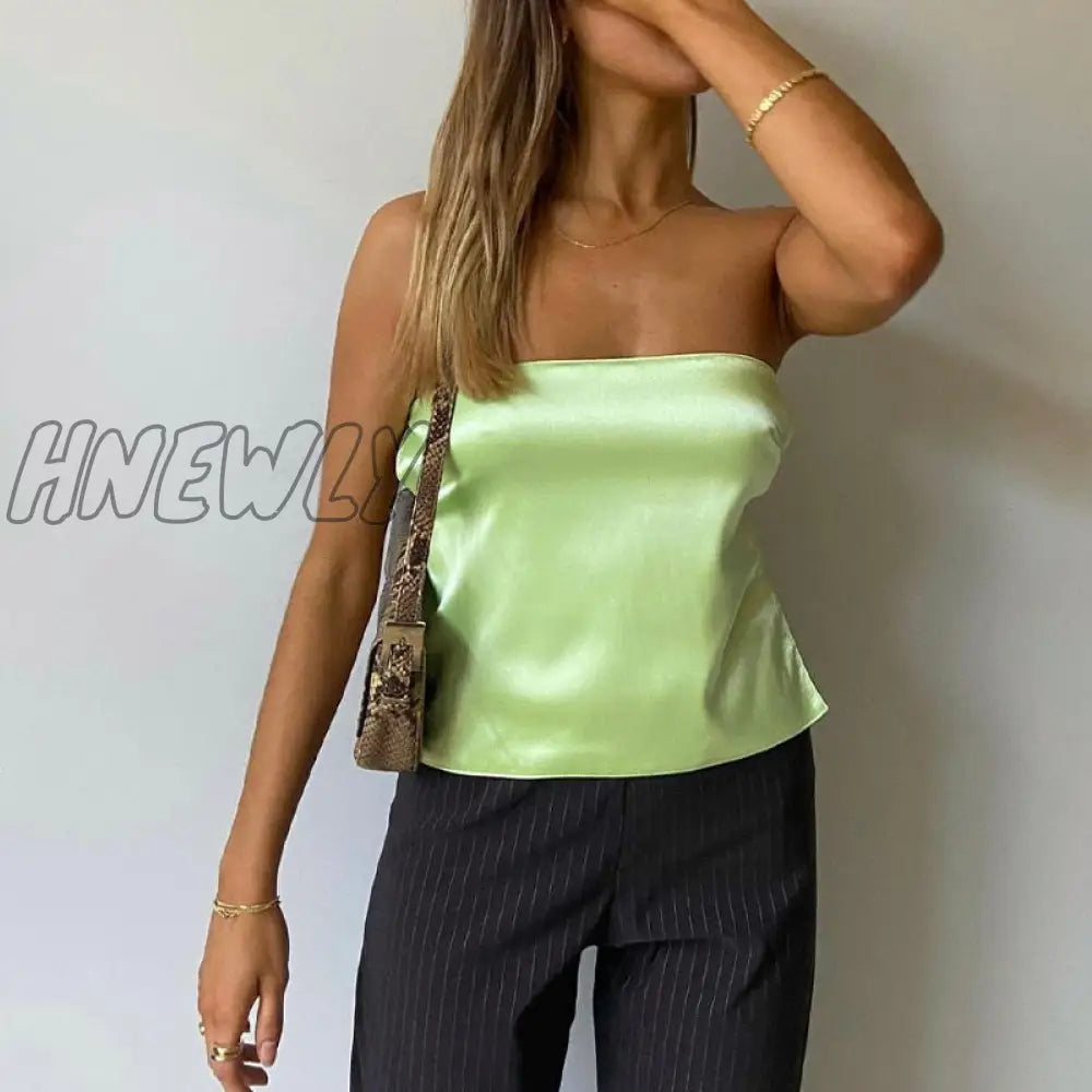 Hnewly Satin Backless Crop Top y2k Women Summer Off Shoulder Bandage Sleeveless Strapless Tank Tops 2000s Aesthetic Tees